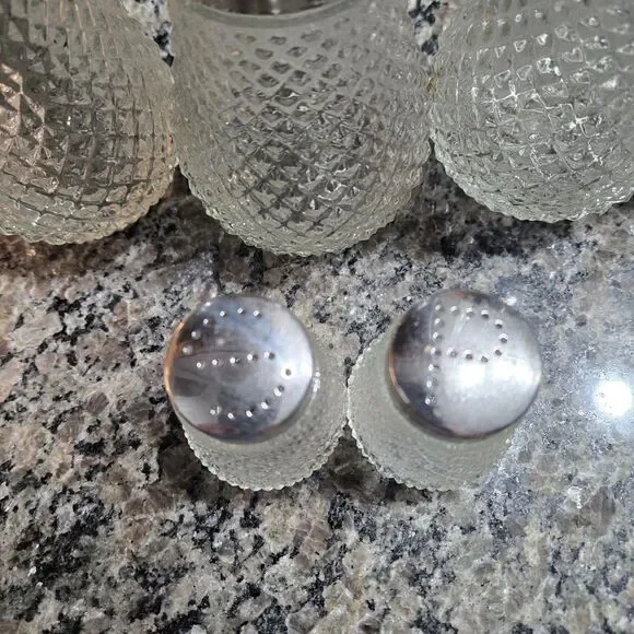 Vintage 5 pcs diamond point pressed glass table service set. Salt, pepper, syrup - Picture 10 of 12